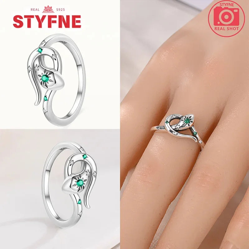 Anel de prata real s925 brilhante verde zircão simples em forma de cobra 925 para mulheres requintado festa joias finas presente combinação diária