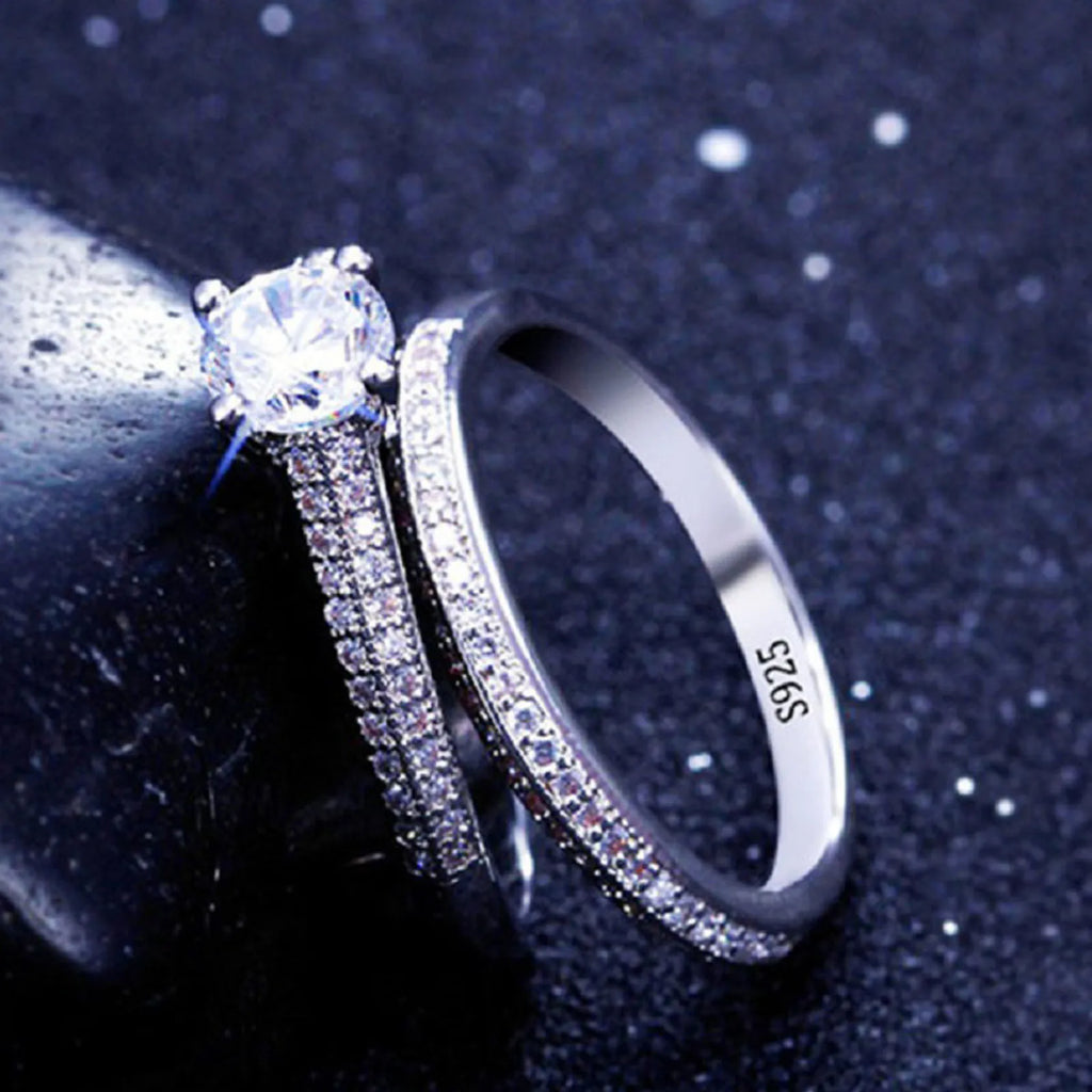 1 par vintage halo 925 prata esterlina anel de casamento conjunto para mulheres senhora presente aniversário jóias venda em massa