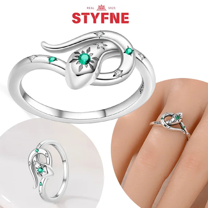 Anel de prata real s925 brilhante verde zircão simples em forma de cobra 925 para mulheres requintado festa joias finas presente combinação diária